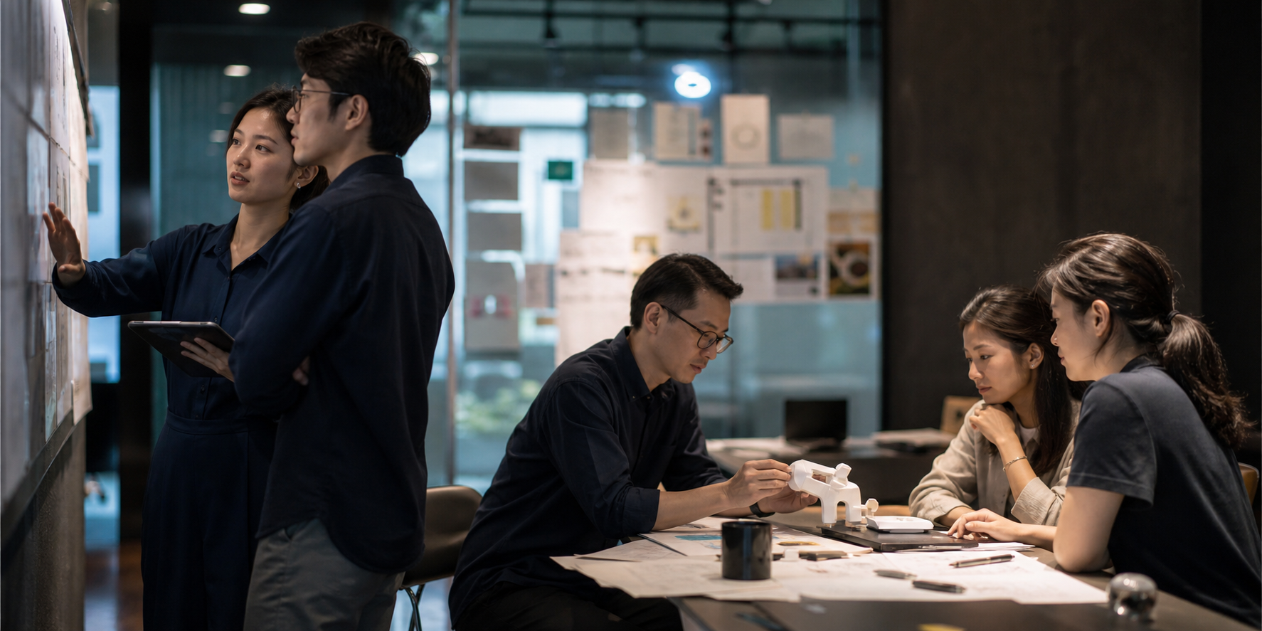 A product and engineering team reviewing a new prototype